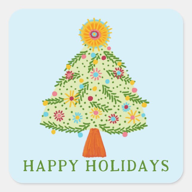 Whimsical Folk Christmas Tree CUSTOM Gift Square Sticker (Front)