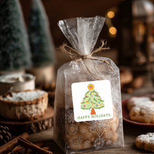 Whimsical Folk Christmas Tree CUSTOM Gift Square Sticker