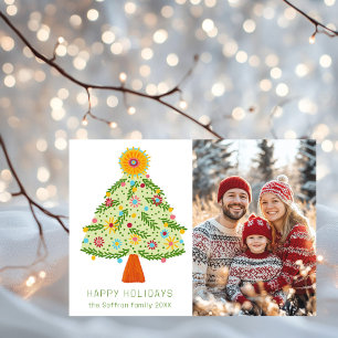 Whimsical Folk Christmas Tree CUSTOM PHOTO Holiday Card