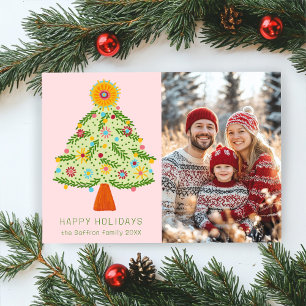 Whimsical Folk Christmas Tree CUSTOM PHOTO Holiday Card