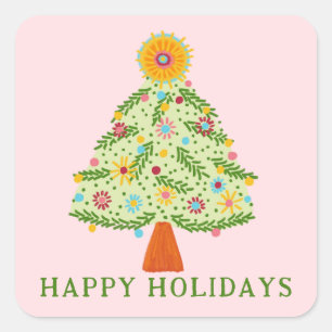 Whimsical Folk Christmas Tree CUSTOM PHOTO Square Sticker