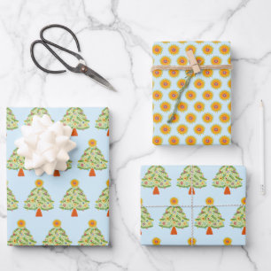Whimsical Folk Christmas Tree Holiday  Wrapping Paper Sheet