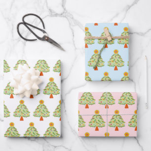 Whimsical Folk Christmas Tree Holiday Wrapping Paper Sheet
