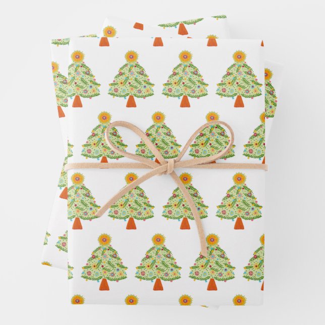 Whimsical Folk Christmas Tree Holiday  Wrapping Paper Sheet (In situ)