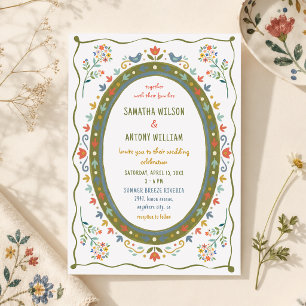 Whimsical Folk Floral Birds Wedding Invitation