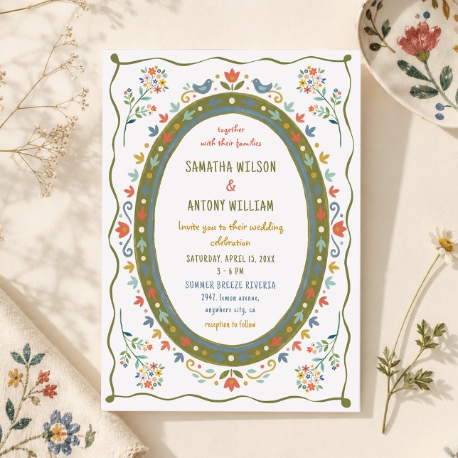 Whimsical Folk Floral Birds Wedding Invitation (Creator Uploaded)