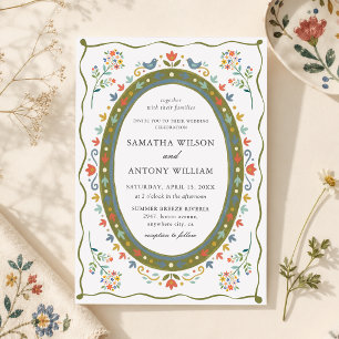 Whimsical Folk Floral Birds Wedding Invitation