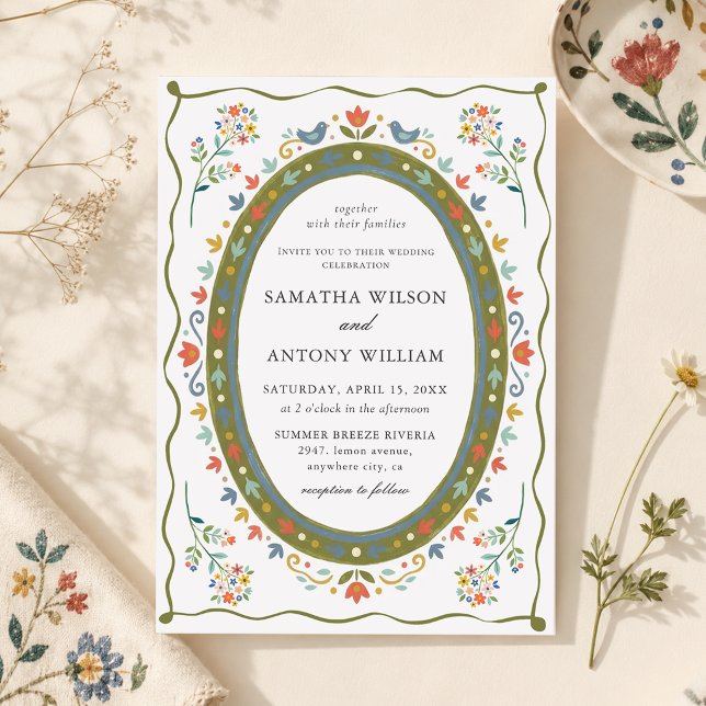 Whimsical Folk Floral Birds Wedding Invitation (Creator Uploaded)
