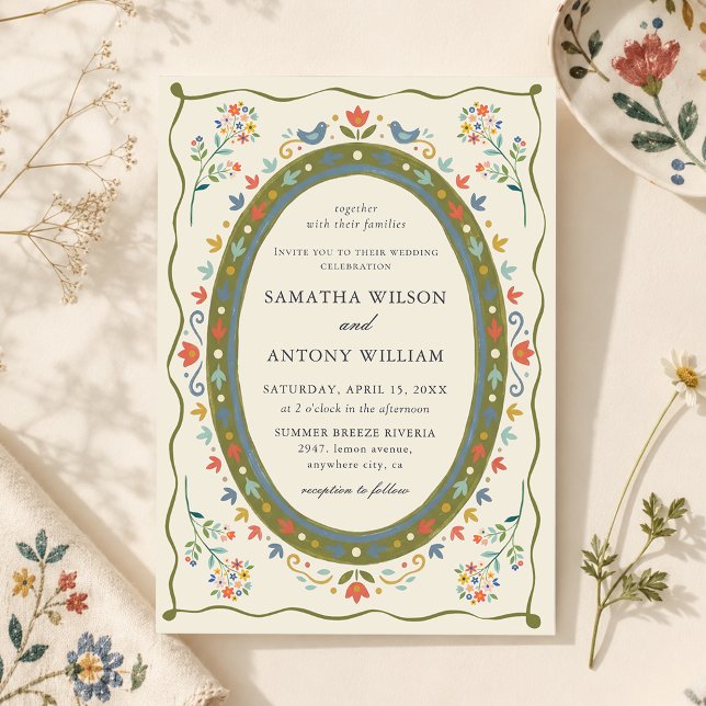 Whimsical Folk Floral Birds Wedding Invitation (Creator Uploaded)