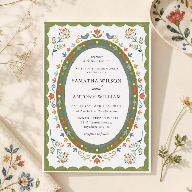 Whimsical Folk Floral Birds Wedding Invitation (Creator Uploaded)