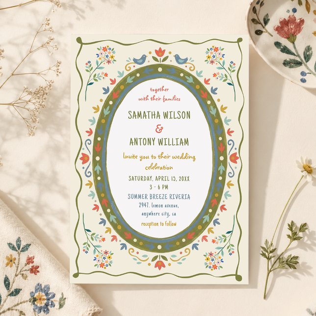 Whimsical Folk Floral Birds Wedding Invitation (Creator Uploaded)