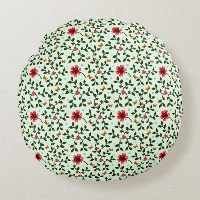 Whimsical Folk Floral Butterfly Pattern  Round Cushion (Front)