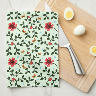 Whimsical Folk Floral Butterfly Pattern Tea Towel