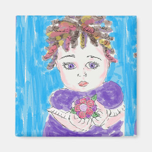 Whimsical Folk Sketched Pretty Little Girl Magnet