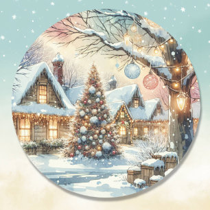 Whimsical Folk Village Christmas Classic Round Sticker