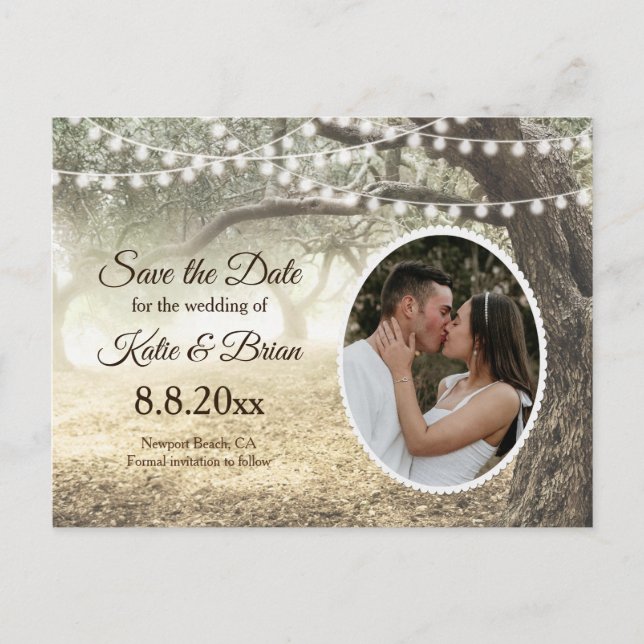 Whimsical forest and string lights Save the Date Announcement Postcard (Front)