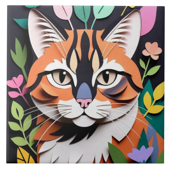 Whimsical Forest cat in Paper-Cut Art Tile (Front)