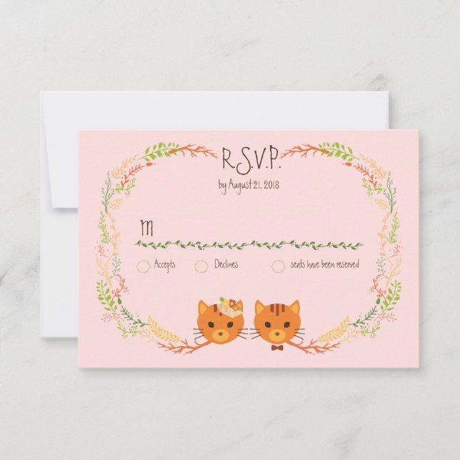 Whimsical Forest Cats (Blush) Wedding RSVP Card (Front)