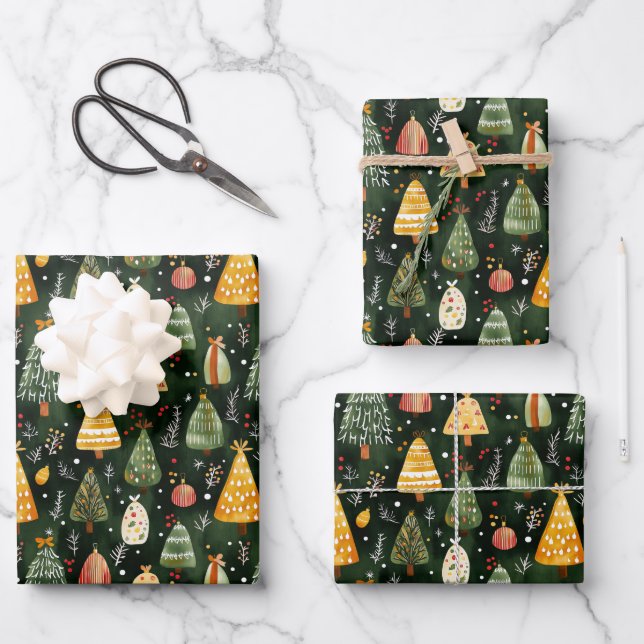 Whimsical Forest Christmas Tree Pattern Wrapping Paper Sheet (Front)