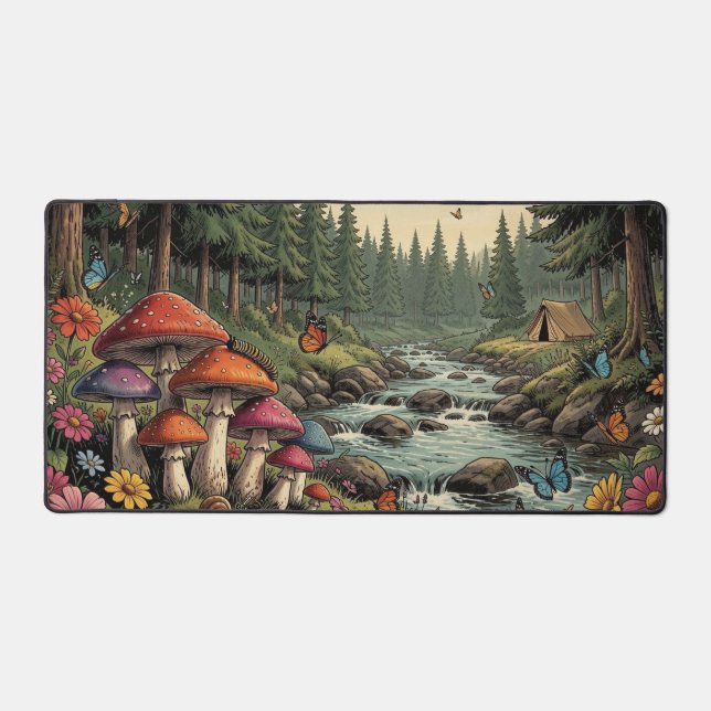 Whimsical Forest Creek with Mushrooms, Butterflies Desk Mat (Front)
