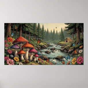 Whimsical Forest Creek with Mushrooms, Butterflies Poster