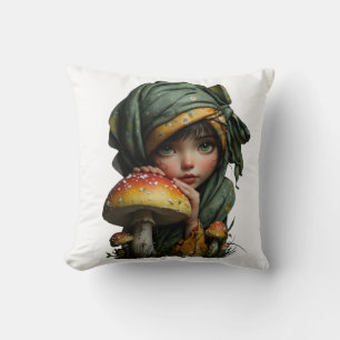 Whimsical Forest Girl with Mushroom Fantasy Art Cushion