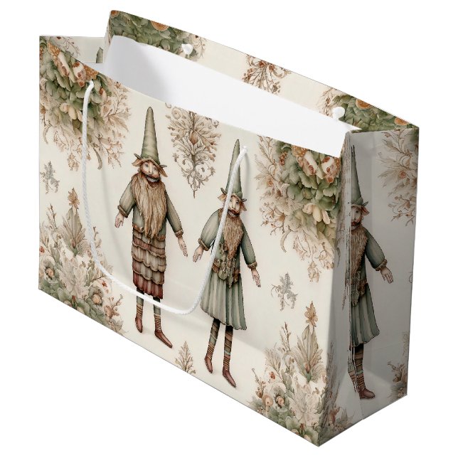Whimsical Forest Gnomes & Botanical (1) Large Gift Bag (Front Angled)
