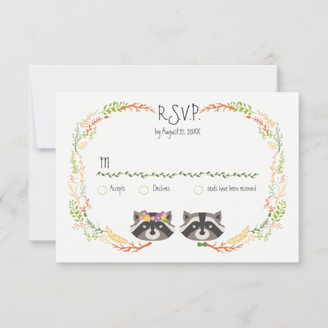 Whimsical Forest Raccoons Rustic Wedding RSVP (Front)