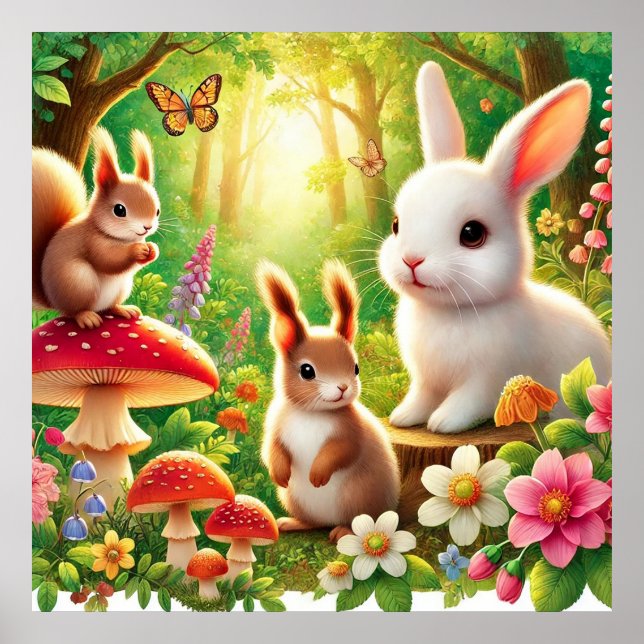 Whimsical Forest Scene with Rabbits, Squirrels Poster (Front)