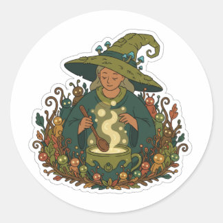Whimsical Forest Witch | Cozy Magical Brew Classic Round Sticker