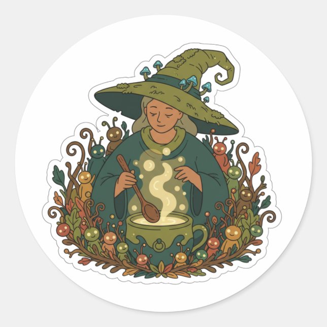 Whimsical Forest Witch | Cozy Magical Brew  Classic Round Sticker (Front)