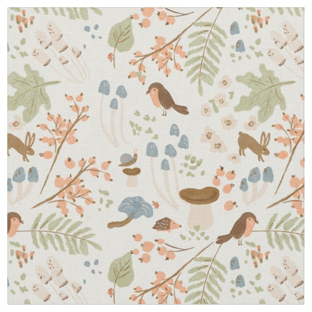 Whimsical forest woodland plants autumn fall fabric (Close Up)