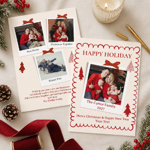 Whimsical Four Photo Christmas Wavy Red Bow Holiday Card