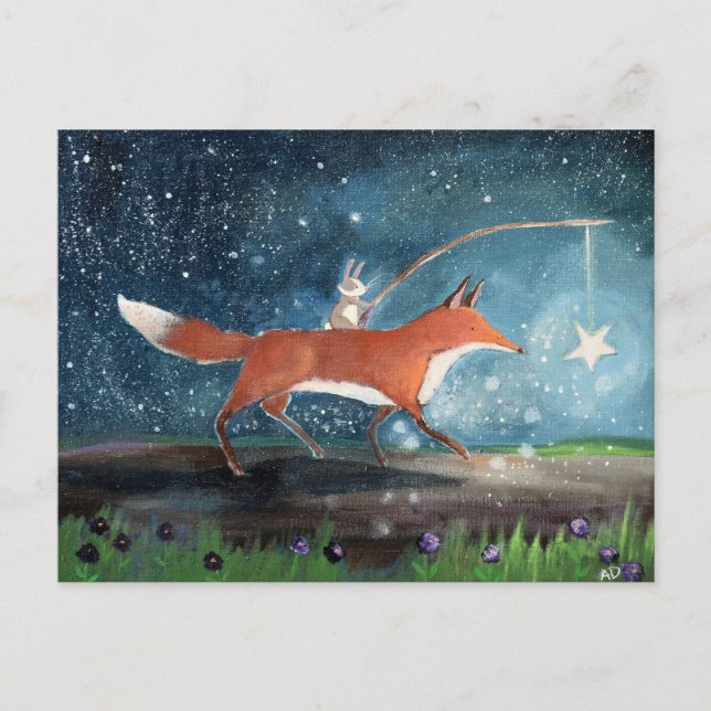 Whimsical Fox and Rabbit Storybook Art Postcard (Front)