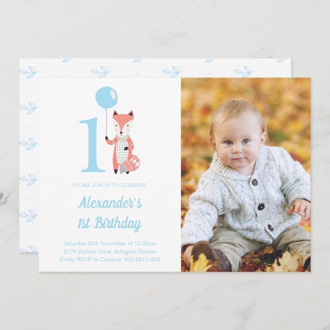 Whimsical Fox & Balloon Blue 1st Birthday Photo Invitation (Front/Back)