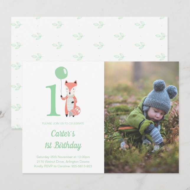 Whimsical Fox & Balloon Green 1st Birthday Photo Invitation (Front/Back)