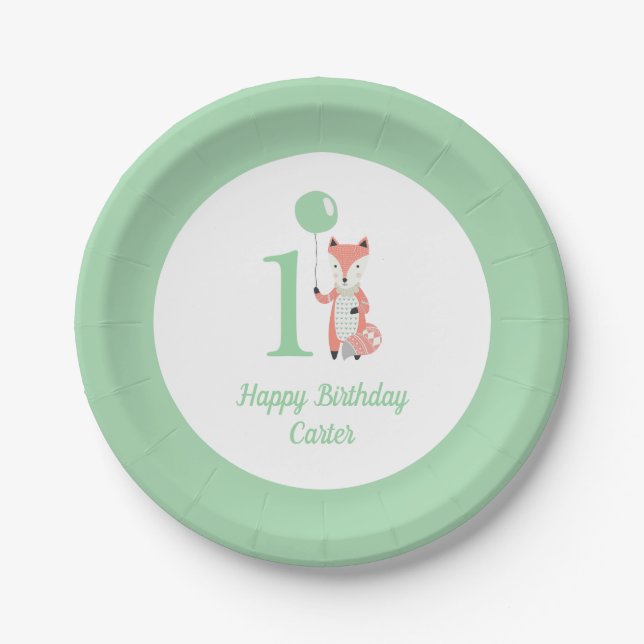 Whimsical Fox & Balloon Green Happy Birthday 1st Paper Plate (Front)