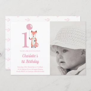 Whimsical Fox & Balloon Pink 1st Birthday Photo Invitation