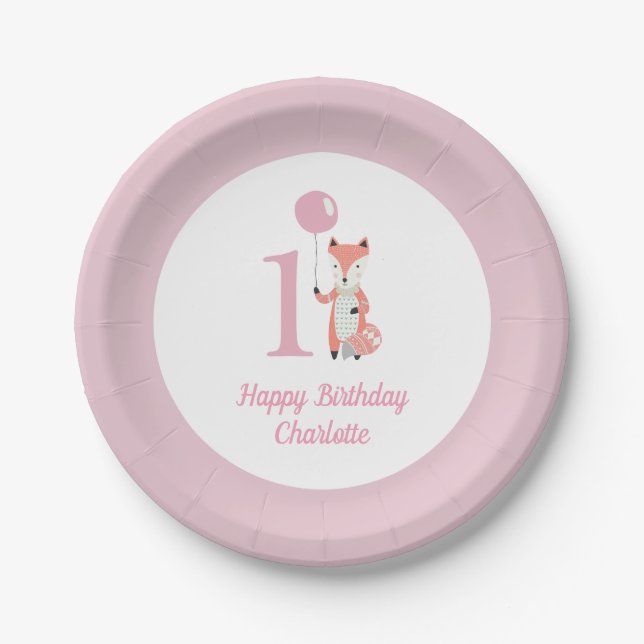 Whimsical Fox & Balloon Pink Happy Birthday 1st Paper Plate (Front)