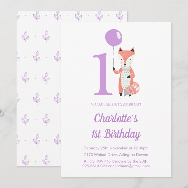 Whimsical Fox & Balloon Purple 1st Birthday Invitation (Front/Back)