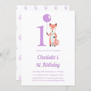 Whimsical Fox & Balloon Purple 1st Birthday Invitation
