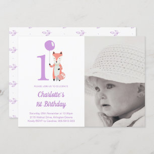 Whimsical Fox & Balloon Purple 1st Birthday Photo Invitation