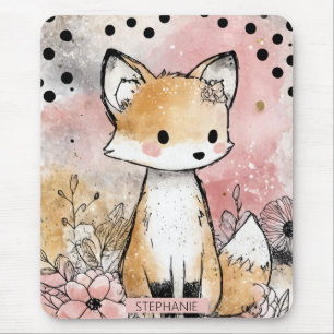 Whimsical Fox Floral Watercolor Art Mouse Pad