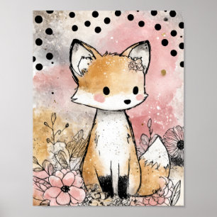 Whimsical Fox Floral Watercolor Art Poster