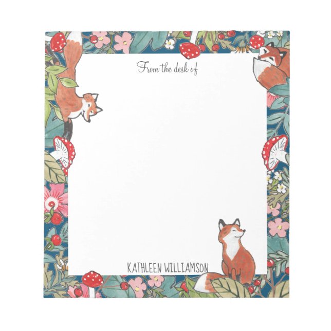 Whimsical Fox Foxes Mushroom Teal Woodland Custom Notepad (Front)