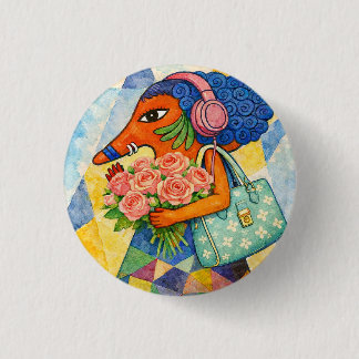 Whimsical Fox Girl with Roses Watercolor Illustrat 3 Cm Round Badge