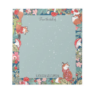 Whimsical Fox Mushroom Teal Woodland Christmas Notepad