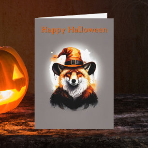 Whimsical Fox Orange Witch Hat Halloween Card