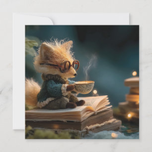 Whimsical Fox Reading Book and Drinking Tea Holiday Card