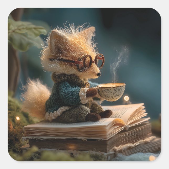 Whimsical Fox Reading Book and Drinking Tea Square Sticker (Front)